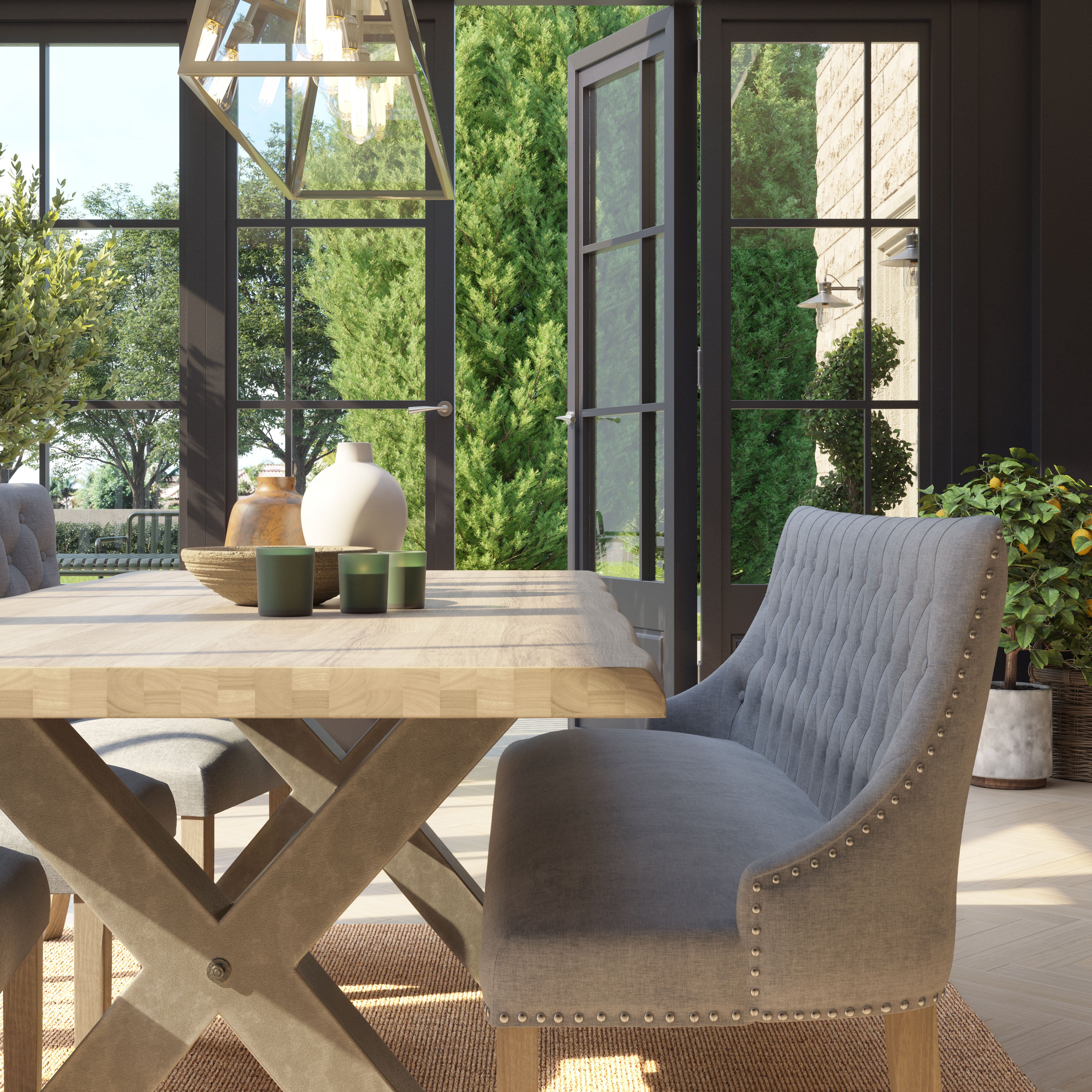 Wood dining table with upholstered deals chairs
