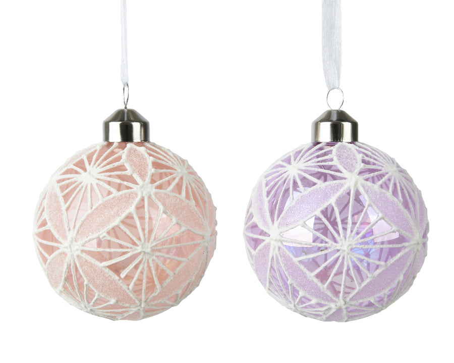 Bauble glass transparent color w white pattern