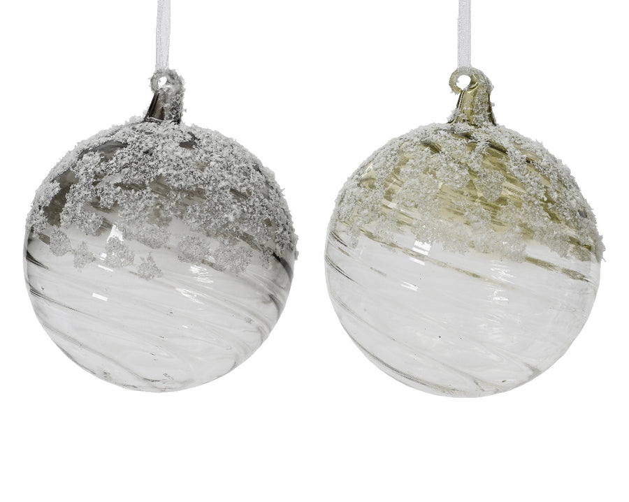 Bauble glass transparent color w snow on top