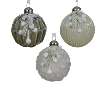 Bauble glass opaque color w white berries, snow